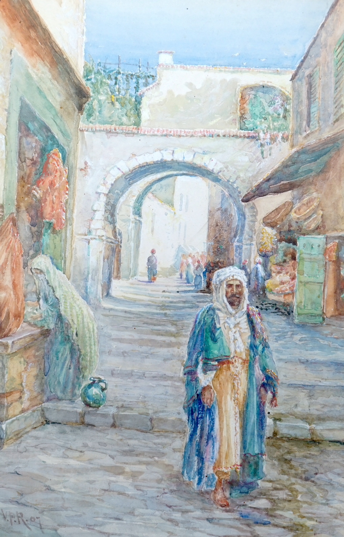 In the style of Lady Victoria Ramsay (1886-1974), watercolour, Cairo street scene, initialled and dated '07, 26 x 17.5cm